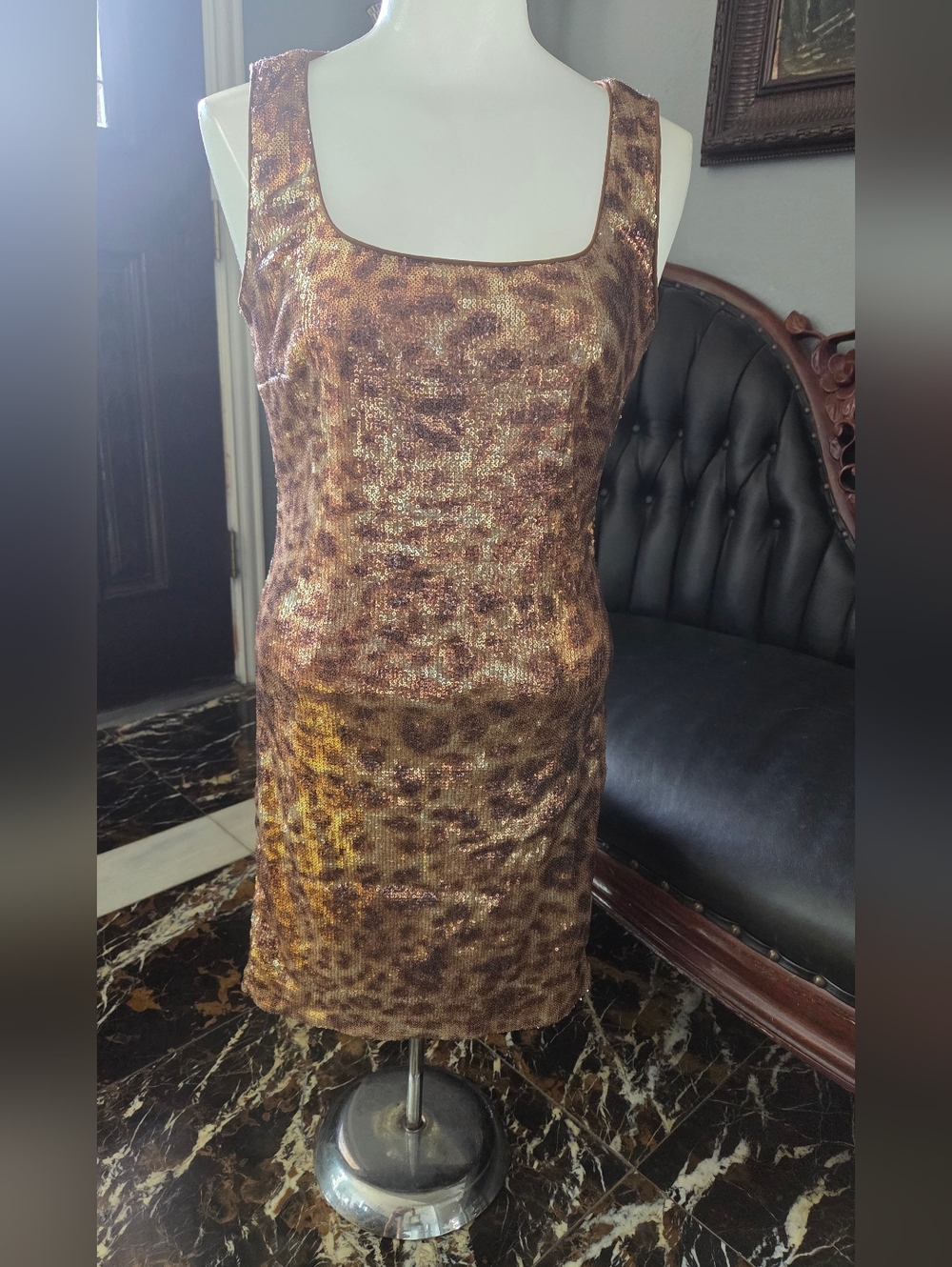 Cache Metallic Sequin Leopard-Print Dress in Brown & Gold